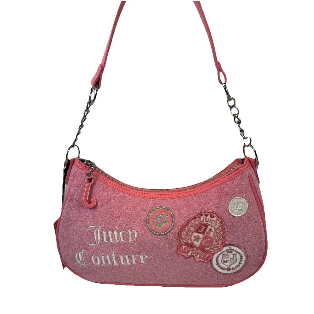 Juicy Couture Pink Velour Baguette Shoulder Bag Y2K Logo Patch Purse